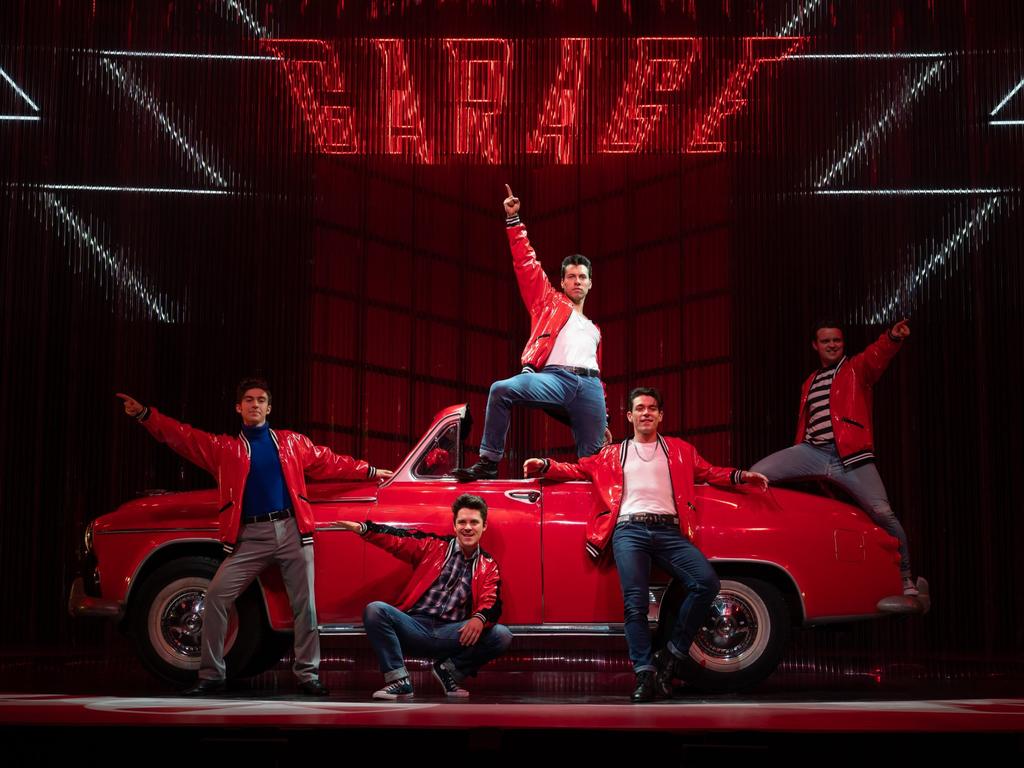 Fabian Andres (Danny Zuko), Keanu Gonzalez (Kenickie) and the Adelaide 2024 cast of Grease the musical. Picture: Naomi Jellicoe