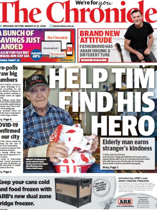 Toowoomba Chronicle front page. Tim Sheedy. Saturday, March 21, 2020.