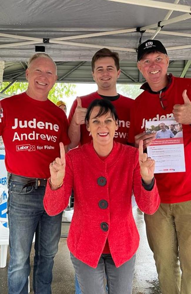 Labor candidate for Fisher Judene Andrews with volunteers at the Mooloolaba State School polling booth. Picture: Contributed