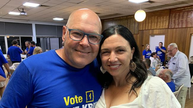 Lismore City Council’s newly elected mayor, Steve Krieg, pictured with his wife Julianne Krieg on election night in December 2021.