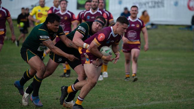 Shellharbour Stingrays Vs Sharks. Jacob Seabrook with a big charge though the line. Picture Thomas Lisson