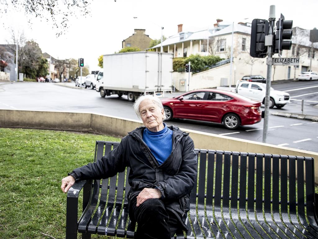 Historian Henry Reynolds on the corner of Warwick and Elizabeth streets, Hobart, where Tongerlongeter met with George Augustus Robinson at his house. Picture: EDDIE SAFARIK