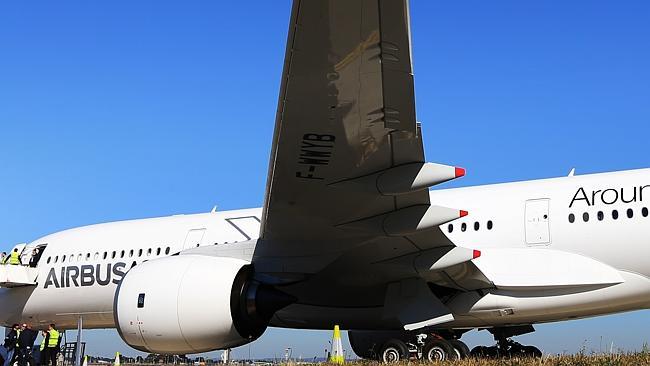 The new Airbus A350 XWB jet pictured in Sydney during a stop over on a round-the-world test flight. Picture: Toby Zerna