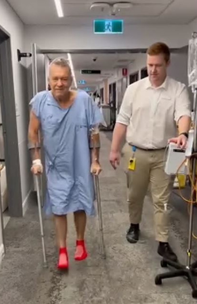 Jimmy Barnes shares a video of him recovering slowly after hip surgery.