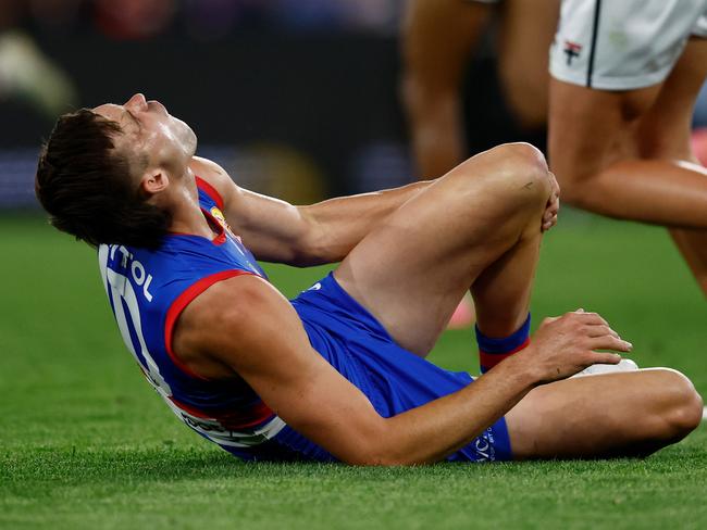 MELBOURNE, AUSTRALIA - APRIL 20: Sam Darcy of the Bulldogs is seen injured during the 2025 AFL Round 06 match between the Western Bulldogs and the St Kilda Saints at Marvel Stadium on April 20, 2025 in Melbourne, Australia. (Photo by Michael Willson/AFL Photos via Getty Images)