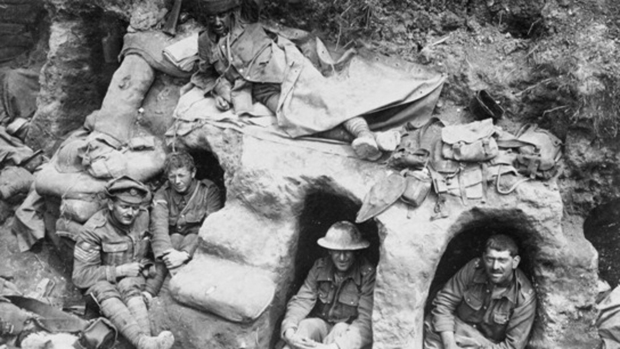 Men of the 15th Battalion Australian Imperial Force in dugouts at Gallipoli in 1915. Picture: Supplied by Dennis Quick