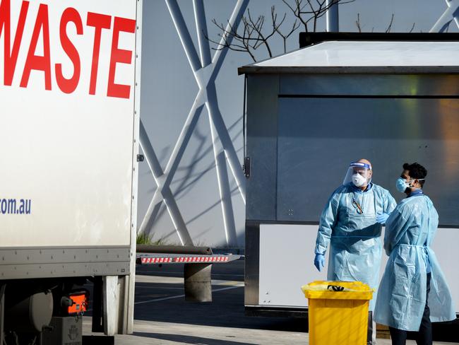 Clinical waste is removed from Epping Gardens Aged Care Facility. Picture: Andrew Henshaw