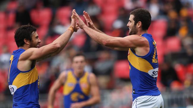 West Coast's Jack Darling celebrates kicking a goal with fellow Eagles forward Josh Kennedy. Picture: Phil Hillyard