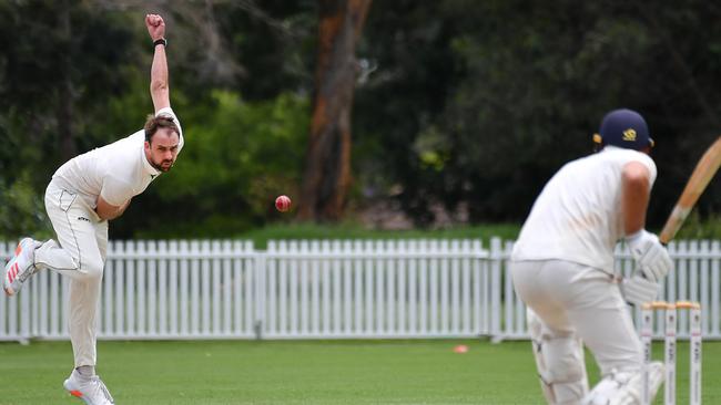 Redlands bowler George Garrett Cricket action between UQ v Redlands Saturday December 17, 2022. Picture: John Gass
