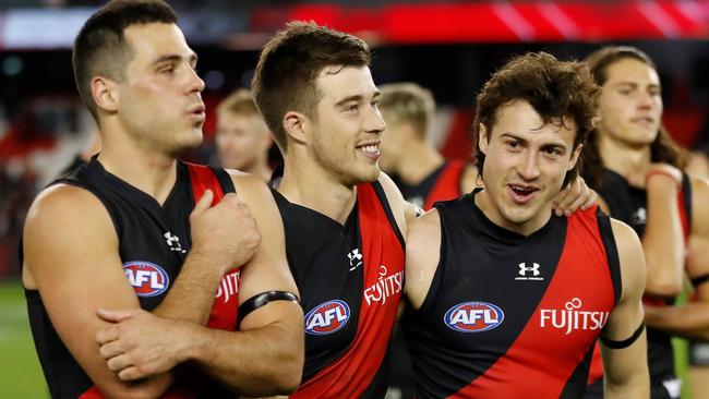 Alec Waterman, Zach Merrett and Andrew McGrath are part of what James Hird calls the best Bombers list in 20 years. Picture: AFL Photos/Getty Images