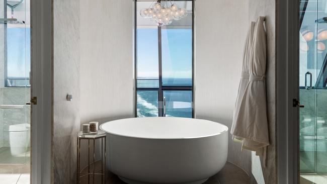 The ensuite in one of the bedrooms in the Surfers Paradise penthouse being sold by Culture Kings founders, Simon and Tah-nee Beard. Image supplied.