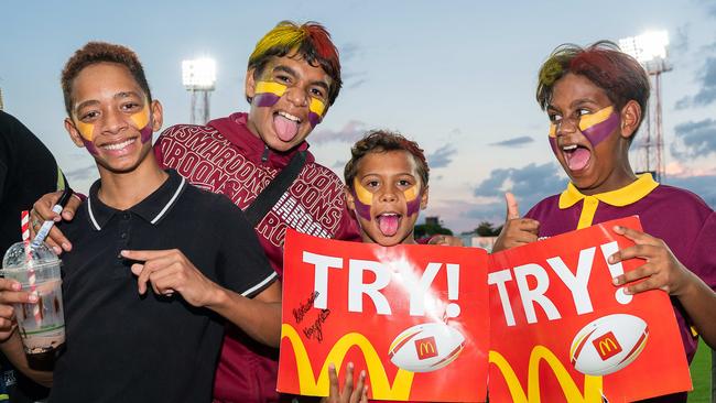 Tahu Hiko, Thomas Simon, Kacen Haynes and Tremaine pulling for the Broncos at the 2023 NRL match at TIO Stadium. Picture: Pema Tamang Pakhrin