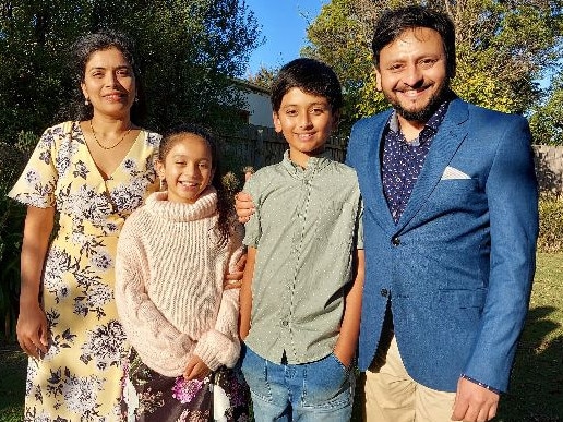 Manish Patel, right, with his family is the Liberal candidate for Corio at the federal election