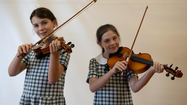 Victory College students Sophie Bridges and Isabella Deviney were given Highly Commended as a string duet (10 years and under) at the Gympie Eisteddfod. August 1, 2023. Picture: Christine Schindler