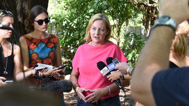 Delia Lawrie announces her resignation at a press conference in Karama. Picture: Patrina Malone