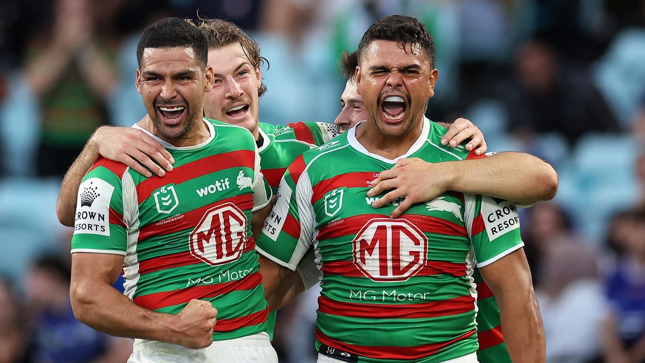 Latrell Mitchell celebrates one of three tries. Picture: Getty