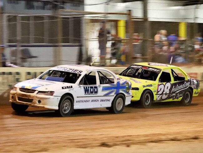 Modified sedan drivers Kent Menzies (Mackay) and Hayden Stephensen (Townsville) at the last speedway event held at Macs on November 3, 2018. Picture: David Lovi Photography.