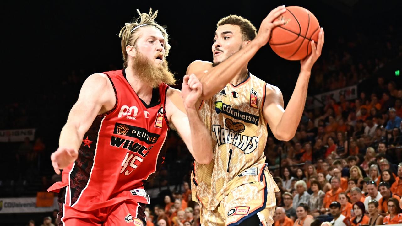 DJ Hogg of the Taipans drives up court during the NBL Final Play In match between Cairns Taipans and Perth Wildcats at Cairns Convention Centre, on February 12, 2023, in Cairns, Australia. (Photo by Emily Barker/Getty Images)