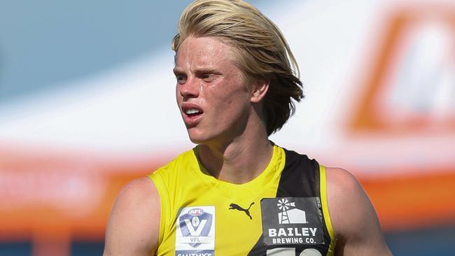 MELBOURNE, AUSTRALIA - AUGUST 25: Sam Davidson of the Tigers in action during the 2024 VFL Wildcard Round match between Williamstown and Richmond at DSV Stadium on August 25, 2024 in Melbourne, Australia. (Photo by Rob Lawson/AFL Photos)