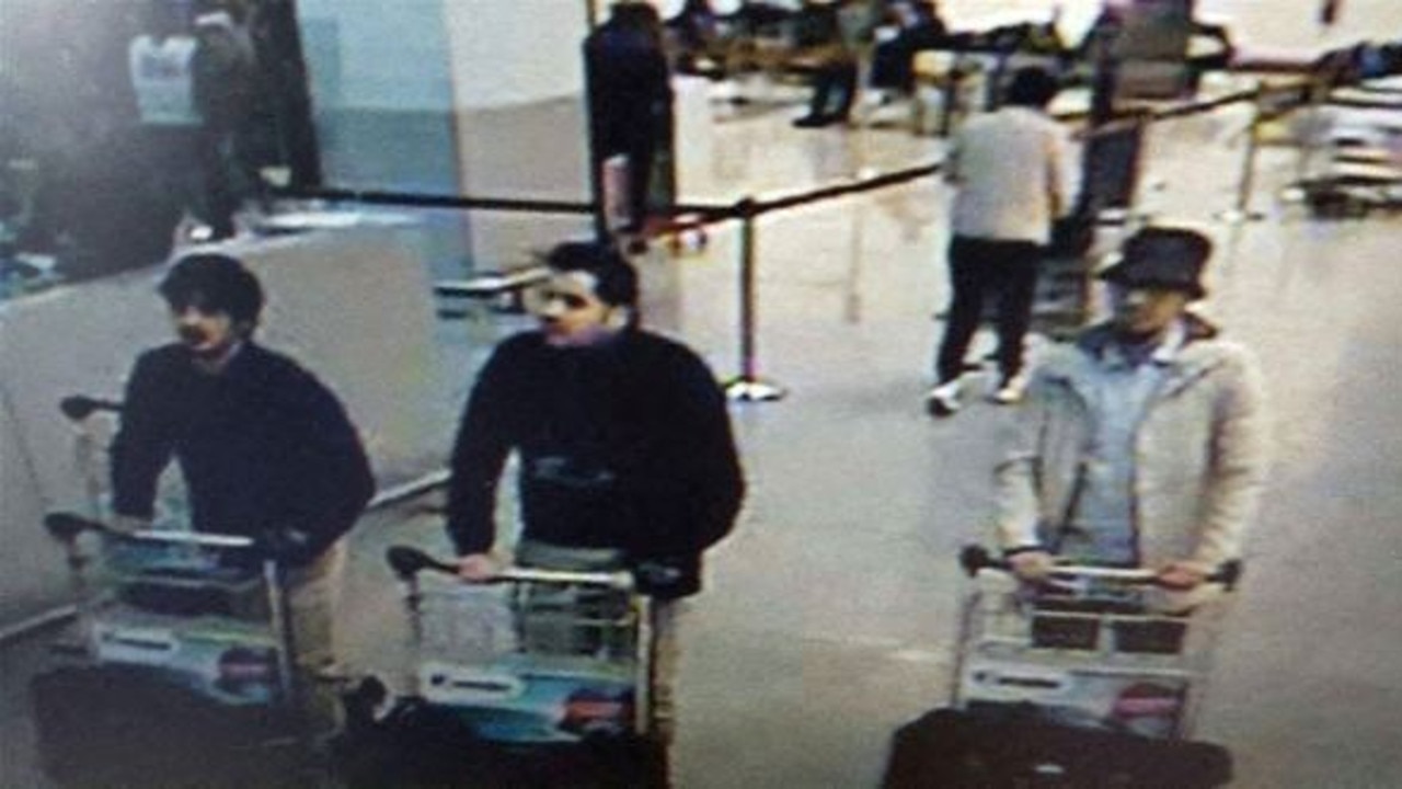 CCTV camera showing suspects of the Brussels Airport attack shortly before the bombings. Picture: AFP