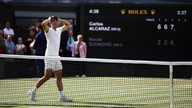 Carlos Alcaraz celebrates after winning the match. Picture: Henry Nicholls/AFP