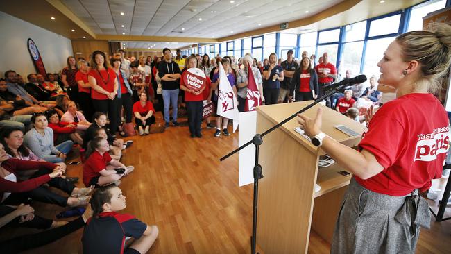 School social worker Robyn Sutcliffe speaks at a public school stop work meeting in Devonport late last year. Picture: CHRIS KIDD