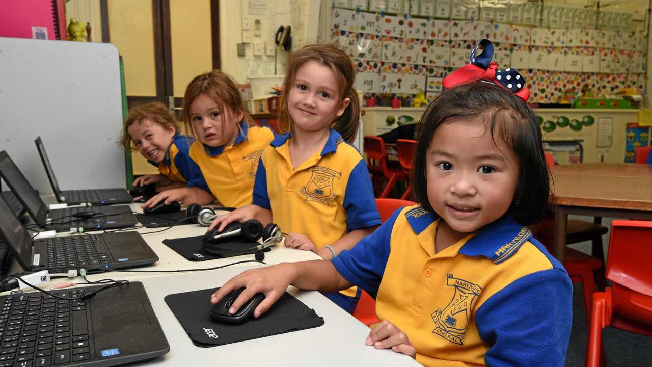 MY FIRST YEAR: Prep 1L students at Maryborough Central State School (L) Jessie Burgess, Tori-Lee Baldwin, Gracie Shaw and Victoria De Guzman on the class computers. Picture: Alistair Brightman