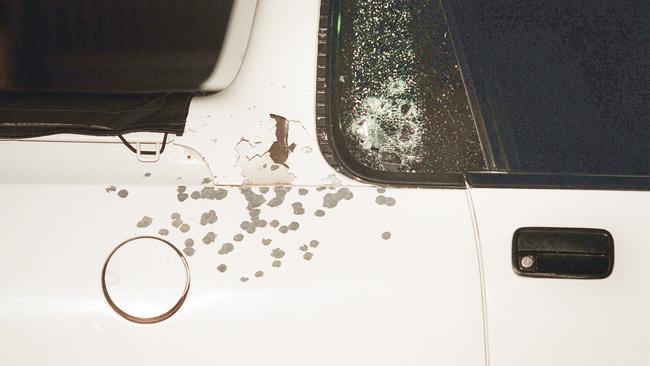 Mark Moran’s bullet-riddled ute parked outside his Aberfeldie home.