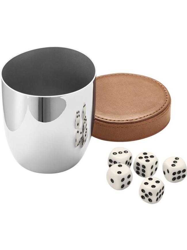 Georg Jensen Sky Collection dice cup &amp; dice $110. <b>Shop now from <a href="https://www.georgjensen.com/en-au/dining-and-bar/sky?gclid=Cj0KCQiA4aacBhCUARIsAI55maEJIJjSwMrgqCH4NRXfND61XkqjGVuPbo2iAqh_0RuUiqk4XfQHBXkaAs8FEALw_wcB" target="_blank">Georg Jensen</a></b>