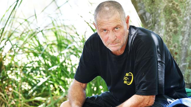 Homeless Mark Uncle, who have been staying by a rotunda in Nelson Park, Alexandra Headlands. Picture: Patrick Woods.