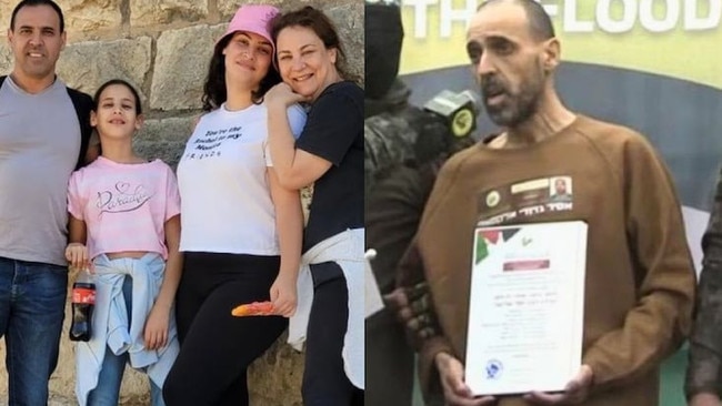 Eli Sharabi with his wife and daughters who were killed by Hamas and (R) on his release from Hamas.