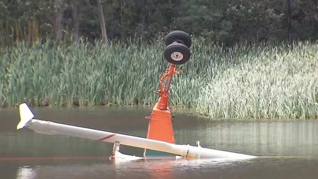 The chopper that crashed into a dam in Gippsland. Picture: Nine News Melbourne.