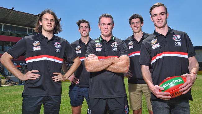 Oscar Clavarino (second right) pictured with fellow 2017 Saints draftees Hunter Clark, Nick Coffield, Ben Paton and coach Allan Richardson. Picture: Tony Gough