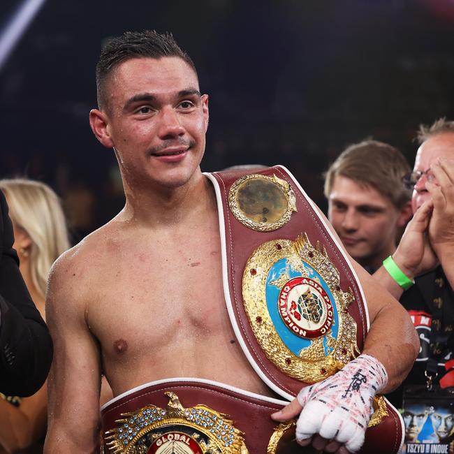 Tim Tszyu celebrates winning the WBO Global and Asia Pacific Super Welterweight title.