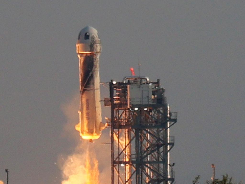 It’s a bird, it’s a plane … nope it’s just a billionaire’s giant penis-shaped rocket. Picture: Joe Raedle/Getty Images/AFP