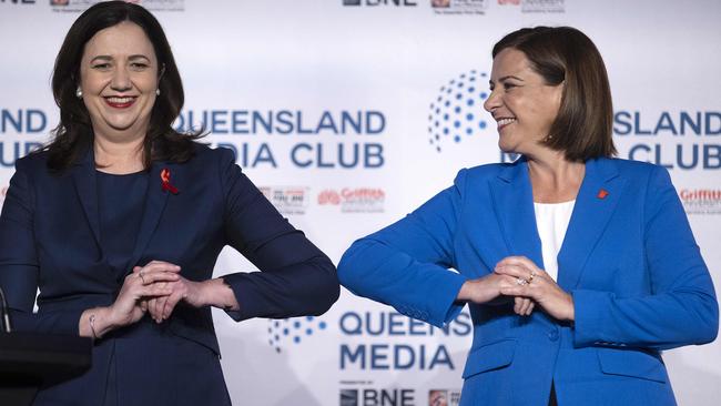 Queensland Premier Annastacia Palaszczuk (left) and Queensland opposition leader Deb Frecklington observed Covid protocols when they went head to head at the 2020 Queensland state election people’s forum. Picture: Sarah Marshall/NCA NewsWire