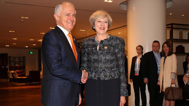 Prime Minister Malcolm Turnbull greets his British counterpart Theresa May at the recent G20 in Hangzhou, China. Picture: Lyndon Mechielsen
