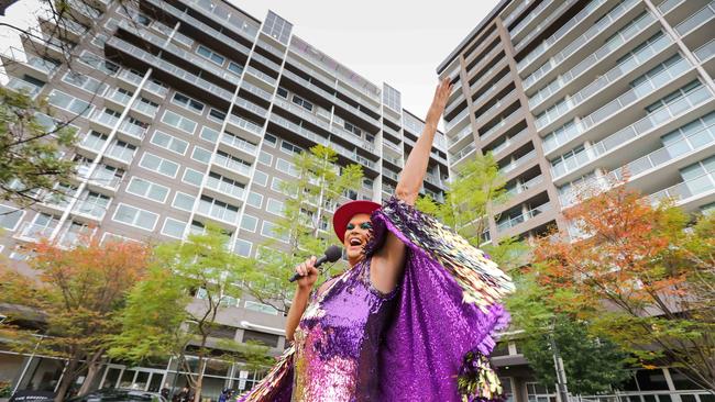 Hans – aka Matt Gilbertson – during a sound check before performing a concert in Hindmarsh Sq to farewell the quarantined travellers. Picture: Russell Millard