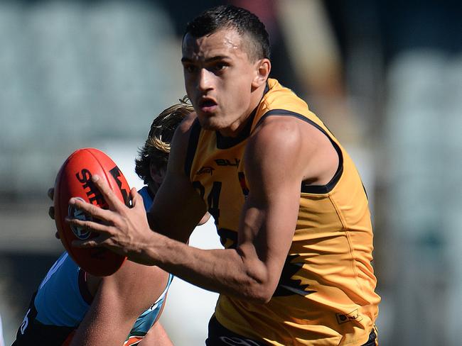 AFL - NAB AFL Under-18s Championship. WA v the Allies at Subiaco Oval. Photo by Daniel Wilkins. PICTURED- WA's Sam Powell-Pepper runs the ball into attack during the second term