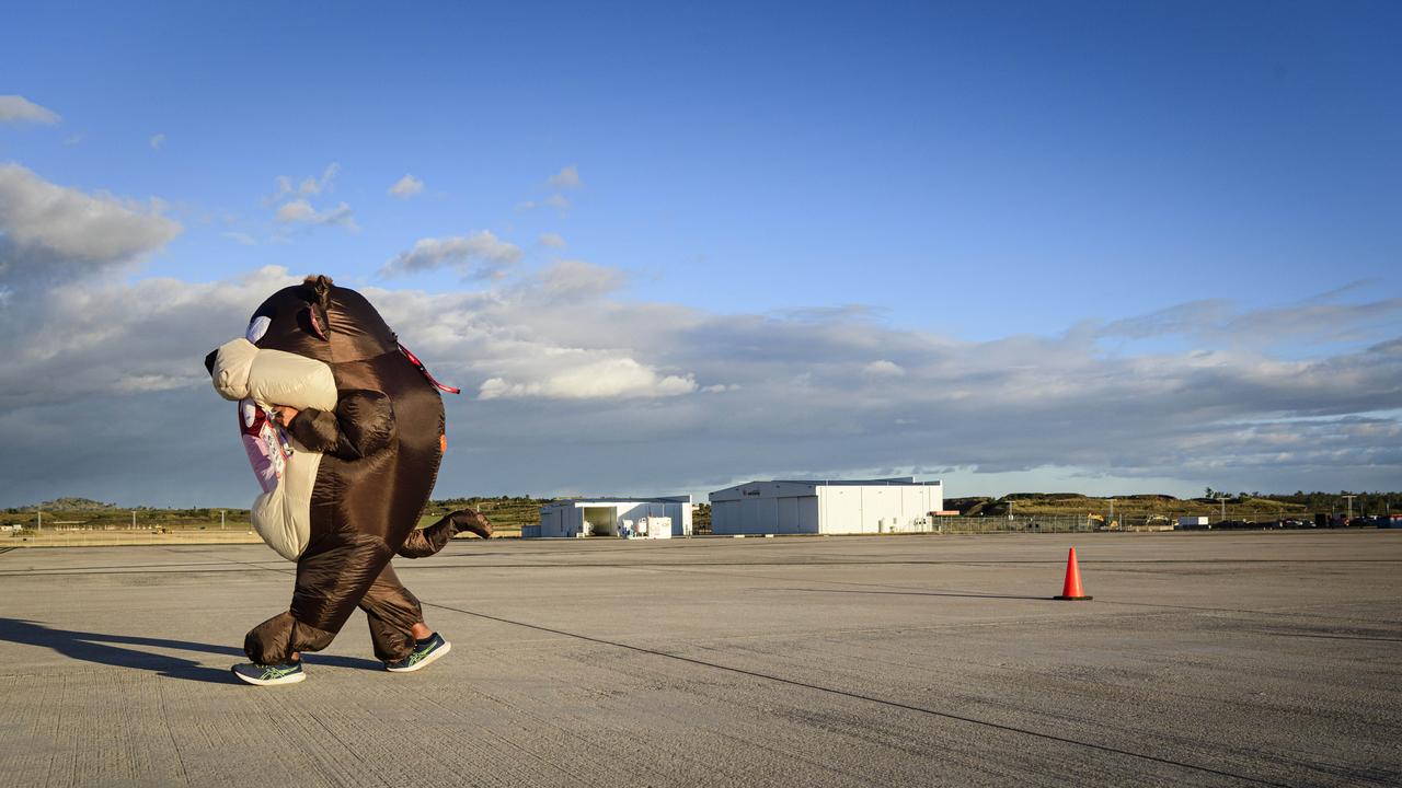 Victoria competitor Normandy Calma as Taz, the Tasmanian devil, continues on his quest to run in an event in every Australian state and territory at the Toowoomba Marathon events at Wellcamp Airport, Saturday, May 3, 2025. Picture: Kevin Farmer
