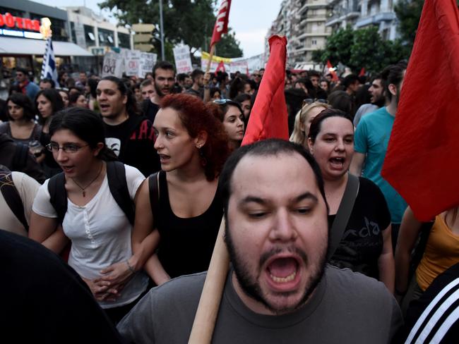 Which way will it go? ... Demonstrators shout slogans during a rally by supporters of the 'No' vote to the upcoming referendum. Picture: AP/Giannis Papanikos