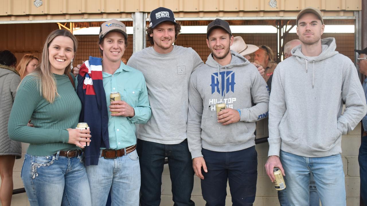 Claudia Graham, Ben McLary, Jesse Wallace, Sam McLary and Dug Snow at the 2021 Killarney Rodeo for the social scene. Photo: Madison Mifsud-Ure / Warwick Daily News