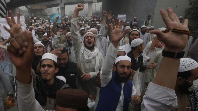 Hardliners in Peshawar protest against the verdict clearing Asia Bibi of blasphemy on Wednesday. Picture: AP