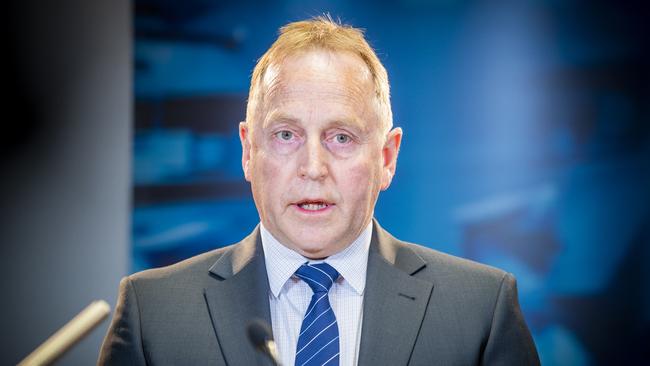 Detective Inspector Michael Smith talks at a police presser for the suspicious death at South Hobart. Picture: RICHARD JUPE