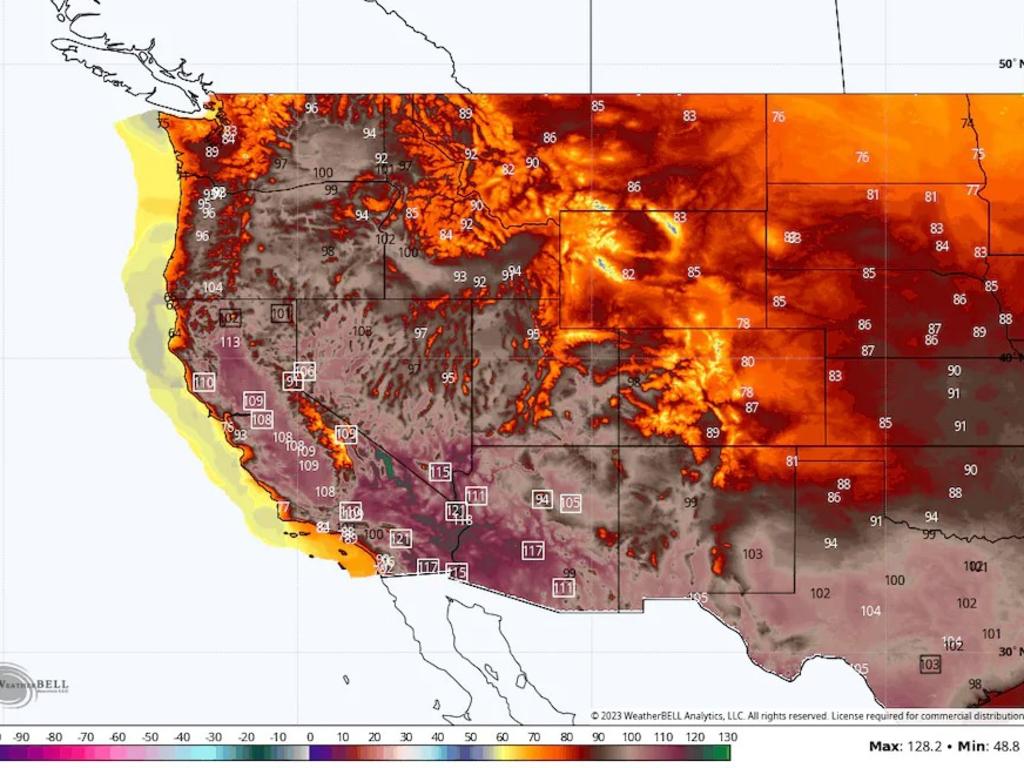 Boxed values show forecast record-breaking highs in the western US. Picture: WeatherBell