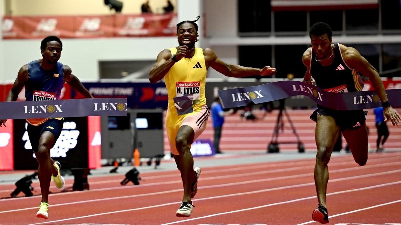 Gout Gout was a guest on Noah Lyles’ podcast, Beyond The Records. The American champion is pictured winning the men's 60m final during the New Balance Indoor Grand Prix on February 02, 2025 in Boston, USA. Picture: Billie Weiss/Getty Images