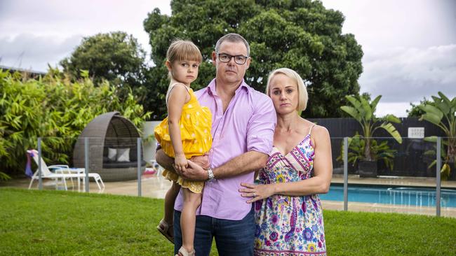 Friends of Hannah Clarke, Simon and Lou Farmer with their daughter Heidi. Picture: Glenn Hunt