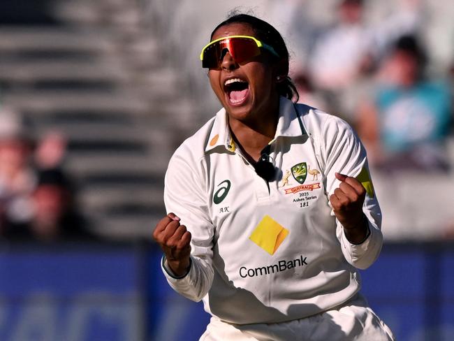 Player of the series Alana King celebrates one of her first second-innings wickets.