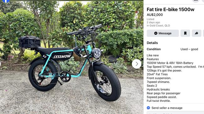 An e-bike for sale on the Gold Coast via Facebook Marketplace