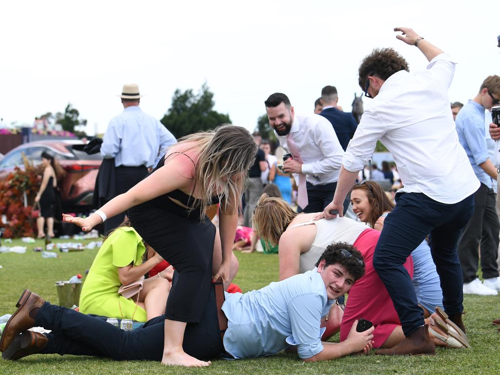 These racegoers are too much in the spirit. Picture: news.com.au